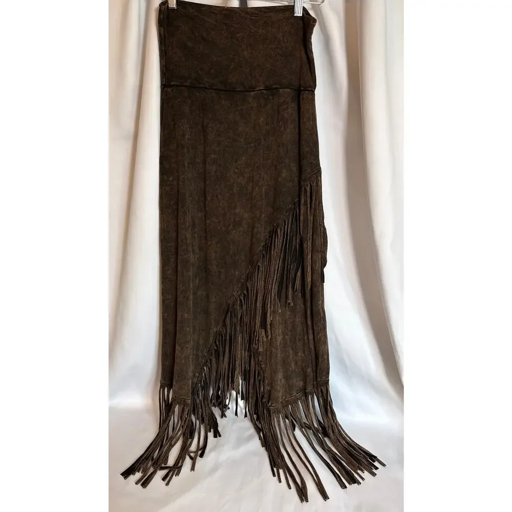 Brown Asymmetrical Maxi Skirt Boho Festival Cowgirl Western Foldover Waist Large